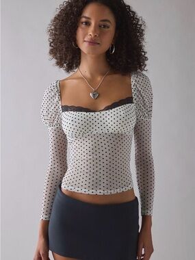 Kimchi Blue White Polka Dot Mesh Long Sleeve Top with Black Lace Trim